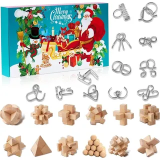 Knobelspiele Adventskalender 2024 - Metall Knobelei & Holz Rätsel, IQ Puzzle für Kinder & Erwachsene