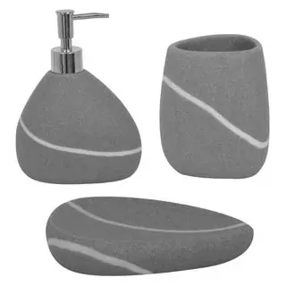 MSV Bad Accessoires Polyresin 3-teilig - Seifenspender, Seifenschale, Zahnputzbecher Stone Grau