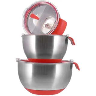 GRÄWE Rührschüssel, Salatschüssel, 3-teiliges Schüssel Set, Edelstahl Schüssel mit Deckel, Blikon, 1L, 2L, 4L, Metallschüssel, Teigschüssel, Backschüssel, Antirutsch Boden