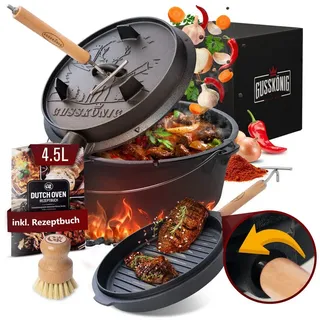 GUSSKÖNIG Grilltopf GUSSKÖNIG Dutch Oven Set - inkl. 2in1 Deckelheber Feuertopf Schmortopf, Gusseisen (Planer Boden), 4,5L, 7L, 9L, 12L Grilltopf Gußeisen BBQ Feuertopf Schmortopf Topf 4.5 l