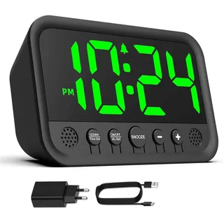 Digitaler Wecker Mit Grüner Led-anzeige Fürs Schlafzimmer, Hoher Wecker Für Tiefschläfer, Netzbetriebener Wecker (netzteil Im Lieferumfang Enthalten) Mit Einstellbarer Lautstärke, Helligkeit, Schlumme