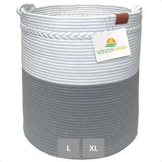 wiesen.design Korb KNUT Ø46xH48 cm Grau/Weiß/80L, Wäschekorb geflochten aus Baumwolle, Wäschesammler, Aufbewahrungskorb groß, Korb geflochten, faltbarer Wäschekorb, Wäschetonne, laundry basket