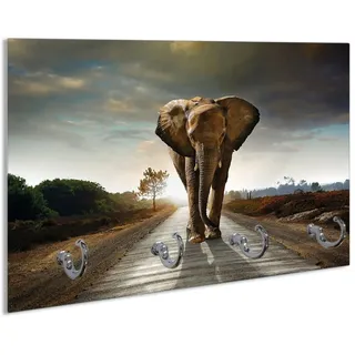 Wallario Schlüsselbrett Elefant bei Sonnenaufgang in Afrika, (inkl. Aufhängeset), 30x20cm, aus ESG-Sicherheitsglas braun