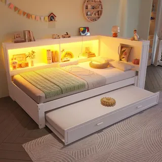 Sweiko Daybett, 90 x 200 cm, Schlafsofa, Tagesbett mit ausziehbarem Bett, Mit LED-Leuchten, Mit Steckdose, 1 USB-Anschlüssen, 1 Typ-C ausgestattet... - Weiß