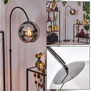 hofstein Bogenlampe Stehlampe aus Metall/Glas in Schwarz/Chrom/Rauch im Retro-Design, verstellbare Stehleuchte mit Glasschirmen (25cm) u. Fußschalter, E27 schwarz