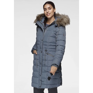 Steppjacke KANGAROOS Gr. 40 (M), blau (graublau (jacke aus nachhaltigem material)) Damen Jacken Lange mit kuscheligem, abnehmbarem Fellimitat-Kragen an der Kapuze Bestseller