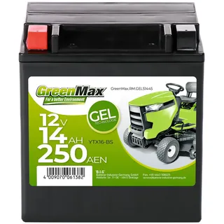 GreenMax Gel 51445 YTX16-BS 12V 14Ah 250A/EN Rasentraktor Batterie Starterbatterie für Aufsitzmäher wartungsfrei