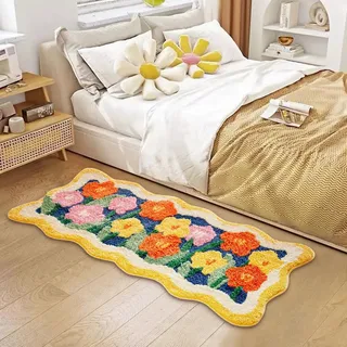 Aldopein Bunte niedliche Blume Badezimmer Küche Läufer Teppiche 60 x 10 cm rutschfest maschinenwaschbar, zottelig orange gelb ästhetisch extra lang Badematte Gänseblümchen Teppich Modern Boho Floral