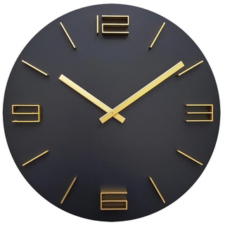 Wanduhr, Schwarz, Gold, Holz, 39.5x39.5x4 cm, RoHS, CE, 3D-Zahlen, Dekoration, Uhren, Wanduhren