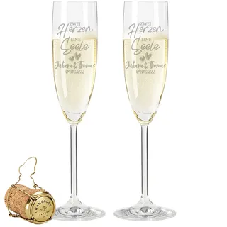Leonardo Sektgläser mit Gravur - Zwei Herzen, Eine Seele - Personalisiert mit Namen & Datum - Geschenke zur Hochzeit, Verlobung oder zum Jahrestag - Geschenk für Sie & Ihn - Variante: im Set
