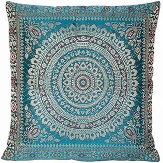 Ruwado Handgefertigt Türkis Dekokissen aus Indische Banarasi Seide - 40 cm x 40 cm | 16 x 16 Zoll. Handgewebt und handgenäht von Kunsthandwerkern aus Indien (Mandala Muster, 2X)