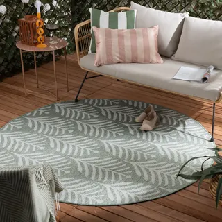 FRAAI In- & Outdoor Teppich Rund - Summer Leaves Grün Ø 120cm - Wetterfest - Polypropylen - Flachgewebe - Wohnzimmer, Flur - Terrasse - Rug