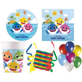 Procos Einweggeschirr-Set 140-tlg. Set Kindergeburtstag Party Feier Fete Deko Motto Baby Shark (140-tlg), 8 Personen, Pappe bunt