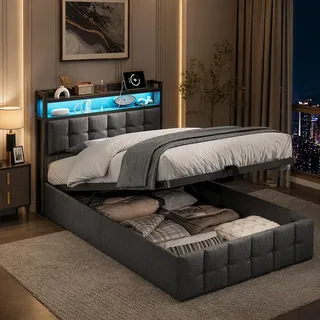 Polsterbett 90x200 cm, LED Einzelbett mit Staufach-Kopfteil und USB-Anschlüssen, Jugendbett 90x200 mit Hydraulischer Stauraum, Gästebett Funktionsbett Stauraumbett Bettgestell mit Lattenrost,Leinen