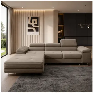 Goldstoff Ecksofa "ALVARO" mit Schlaffunktion und Bettkasten L-Form Couch, Stylisches Wohnlandschaft Sofa in L-Form mit Komfortfunktion 1 Teile, Moderne Eckcouch L-Form mit Relaxfunktion und Schlaffunktion braun