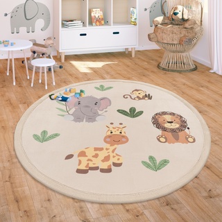 Paco Home Teppich Kinderzimmer Baby Krabbeldecke Krabbelmatte Spielmatte Waschbar rutschfest Regenbogen Planet Sonne Tiere Weich, Grösse:160 cm Rund, Farbe:Beige