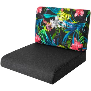 Bjird Sitzkissen 60x60 cm für Rattanmöbel – Sessel & Stühle – 2-teilig (Sitz + Rückenlehne) – Indoor & Outdoor – Wasserabweisend – Anti-Rutsch – Oeko-TEX - Schwarz + Bunte Blätter