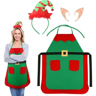 TGFIX Weihnachtself Schürze Kostüm Elfenschürzen Rot Weihnachten Kochschürze Weihnachtswichtel Küchenschürze Kostüm mit Elfenmütze Haarband Elfenohren Kostümparty für Damen Kinder Cosplay