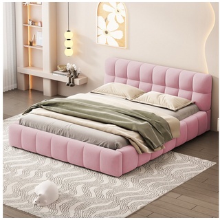 Flieks Polsterbett, Doppelbett mit Polsterumrandung 140x190cm Baumwoll- und Leinenstoff rosa 155 cm x 207.5 cm x 60 cm