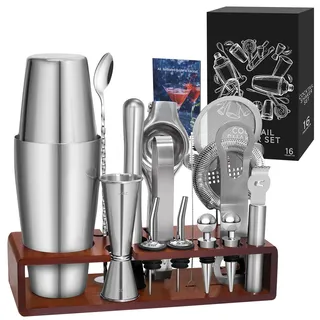 Sosayet Cocktail Set - 825ml Boston Shaker Geschenkset - Premium Cocktail Shaker aus Edelstahl mit Ständer und Rezeptbuch - Professionelles Barkeeper Set für Männer
