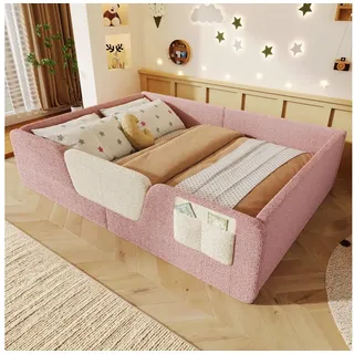 Flieks Polsterbett, Kinderbett 140x190cm mit abnehmbarem Sicherheitstür und Stauraumtasche rosa