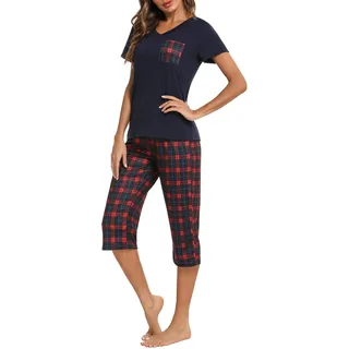 iClosam Schlafanzug Damen Kurz Pyjama Kurzarm Baumwolle Frauen V-Ausschnitt Nachtwäsche Set Zweiteiliger Top Kurzarm und 3/4 Lang Karierte Pyjamahose Loungewear Freizeitanzug für Sommer - S