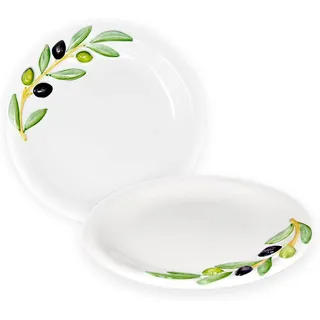 Lashuma Tafelservice Olive (2-tlg), Keramik, Speiseteller rund mit Oliven Dekor 20 cm weiß