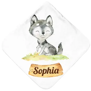 Pictogogo Baby Badetuch mit Wolf | Babyhandtuch mit Kapuze | Personalisiertes Baby Kapuzenhandtuch mit Namen & süßem Tiermotiv | Extra weiches und saugfähiges Babybadetuch | Handtuch mit Kapuze