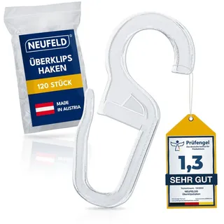 NEUFELD Gardinenhaken Überklipshaken Transparent I 120 Stück I 10mm Öse, Vorhanghaken, Gardinen, Vorhänge, Gardinenringe, (Set, 120 Überklipshaken mit 10 mm Öse), Transparent Lautlose Anwendung Waschfest Bruchsicher 10 mm Öse