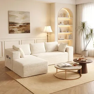 BEALIFE Ecksofa mit Recamiere links 4-Sitzer | Modulares Cord-Sofa | Dunkelgrau/Creme | AR35 - Weiß