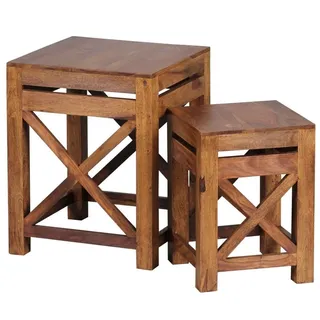 2er Set Beistelltisch PALI Massiv-Holz Sheesham Wohnzimmer-Tisch Design dunkel-braun Landhaus-Stil Couchtisch