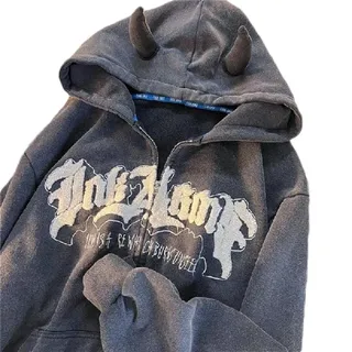 SELiLe Frauen Harajuku Cute Devil Horn Hoodies Jacken Ästhetische Punk Letters Print Ärmel Übergroßes Sweatshirt mit Tasche Hoodies Jacken für Teenager Mädchen - XL-XL