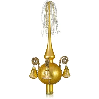 Lauschaer Glas Weihnachtsbaumspitze mit Formglöckchen Gold matt, umsponnen L ca. 28cm d(Kugel) 7cm Christbaumschmuckspitze mundgeblasen,handdekoriert, Leonischer Draht