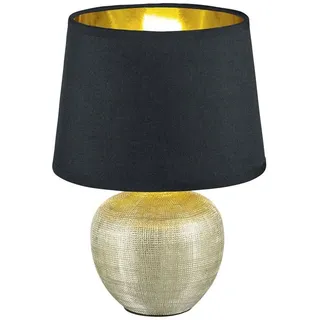 Reality Leuchten LED Nachttischlampe, Dimmfunktion, LED wechselbar, Warmweiß, kleine Fensterlampe Fensterbank Lampenschirm Stoff Schwarz Gold H 26cm goldfarben|schwarz Ø 18 cm | Rund | Ø 13 cm x 26 cm