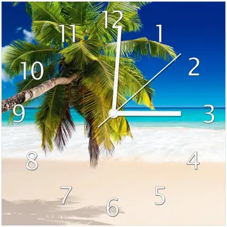 Wallario Design-Wanduhr Südseestrand in der Karibik mit Palme aus Glas, Motiv-Uhr Größe 30 x 30 cm, weiße Zeiger