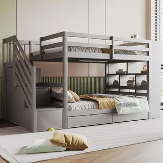 xixiworkshop Etagenbett 90×200,Kinderbett mit Stauraum Treppe,Jugendbett mit 2 Schubladen/großen Schließfächern/Sicherheitszaun Kiefernbett mit Lattenrost,ohne matratz (Grau)