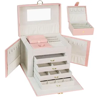 ADEL DREAM Schmuckkasten Schmuckkoffer groß abschließbar 5 Ebenen mit 5 Schubladen mit Spiegel für Ringe Ohrringe Halsketten und Armbänder elegant und klassisch Rosa3