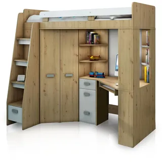 FurnitureByJDM Hochbett mit Schreibtisch, Schubladen, Regalen und Kleiderschrank - 80x200 cm Bettgröße - Linksseitige Treppe – ANTRESOLA (Artisan Oak/Weiß)