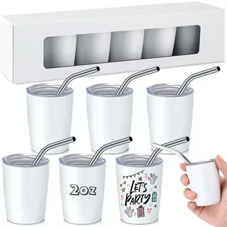 Lemosae Mini-Schnapsgläser mit Strohhalm-Deckel, 6 Stück, niedlich, Edelstahl, Espresso, doppelwandig, für Party, Bar, Reisen, Camping, Weiß