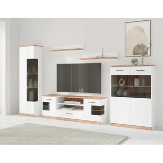 Wohnwand OTTO HOME "Ribe: 5teilig, Breite: 300cm,Fronten aus Massivholz,Korpus aus Melamin", weiß (weiß, kernbuche), B:300cm H:180cm T:35cm, Holz teilmassiv, Kastenmöbel-Sets, Wohnwand, B/T/H:300/35/180cm, Einlegeböden teilweise verstellbar