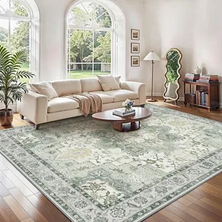 GENIMO Vintage Teppich 300x400cm, Extra Große Teppiche, Wohnzimmer Teppiche, Boho Teppich, Großer Carpet rutschfest, Schlafzimmer, Esszimmer, Büro, Grün
