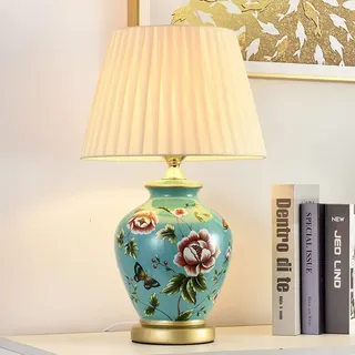 Mengjay Tischlampe Vintage Keramik, Schlafzimmer Nachttischlampe Plissee Lampenschirm Gemalt Blau Und Weiß Porzellan Lampe Körper Chinesische Schreibtischlampe, Wohnzimmer/Arbeitszimmer/Esszimmer (C)