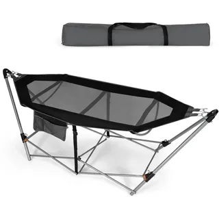 KOMFOTTEU Hängematte mit klappbarem Gestell, Hammock mit Hängemattengestell bis 150kg, Campingbett Feldbett für Indoor Camping 227x82x89 cm (Schwarz)