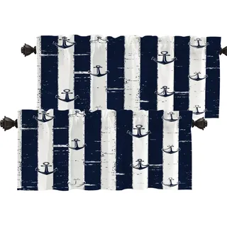 Batmerry Thermo-isolierte Volants für Fenster, maritimes Meer, maritimes Muster, Küchenvorhänge und Volants, Set mit Verdunkelungsvorhängen und Volants, kurzer Volant für Badezimmer, 2 Stück, 132 x