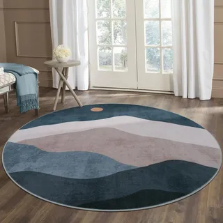 Sungea Abstrakter runder Teppich für Schlafzimmer, weich, waschbar, rutschfest, großer Kreisteppich, schicke Kunstwolle, Hochflor-Teppiche für Kinderzimmer/Wohnzimmer/Klassenzimmer (blau)