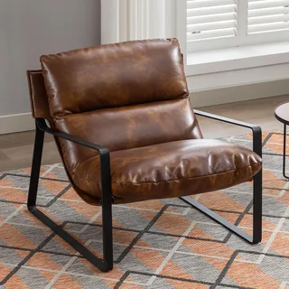 Ya-Home Sessel Wohnzimmer Lesesessel mit Armlehnen moderner Loungesessel mit Metallgestell,Kunstleder, Braun