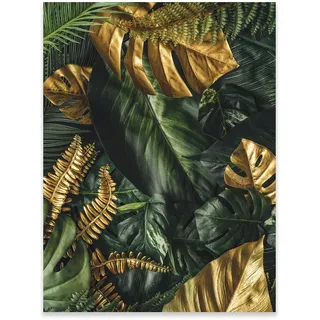WallArena Poster Blätter Monstera Pflanzen Gold Grün 30x40 cm Hochformat - OHNE RAHMEN XXL Wandposter Kunstdruck Fotoposter Wandbild Wandbilder Wand Bild auf Poster Wohnzimmer Schlafzimmer Küche