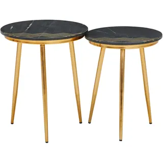 Novel Beistelltischset, Schwarz, Messing, Metall, Stein, 2-teilig, Steine, rund, konisch, 40-45x53-56x40-45 cm, rostfrei, einfacher Aufbau, Wohnzimmer, Wohnzimmertische, Satztische