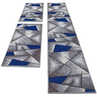 oKu-Tex Bettumrandung Set 3-teilig [67x340 cm | 2 mal 67x140 cm] Blauer Bettvorleger, meliert - weicher Kurzflor pflegeleicht - Teppich Schlafzimmer - Modernes geometrisches Design - Deutsche Marke