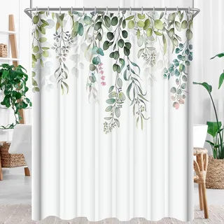 Lerores Duschvorhang 100x180cm, Grün Blätter Antischimmel Textil, Wasserabweisend, Waschbar Polyester Stoff Badevorhänge mit Ösen und 8 Duschvorhangringe für Badezimmer, Badewanne